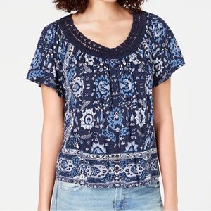 Lucky Brand cotton blend boho print‎ crochet neck top size XS BIN F